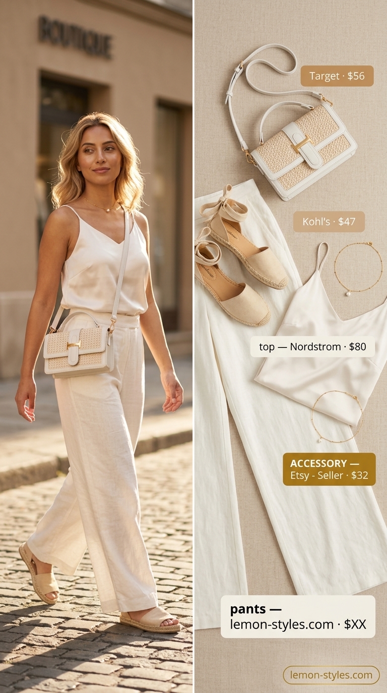 Coastal linen outfit: off-white wide-leg pants, silk camisole, straw bag, espadrilles. All white summer outfits for women 2026.