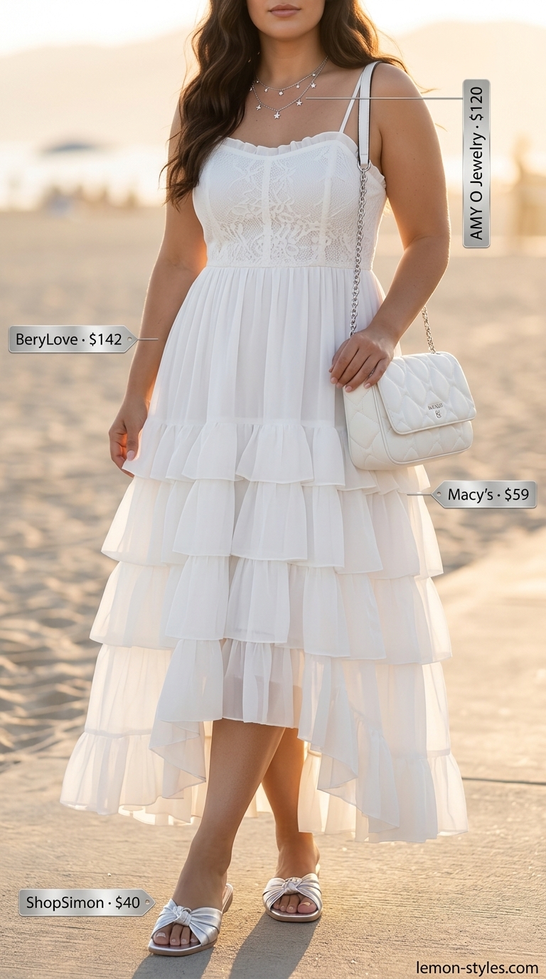 Sundrenched serenity: optic white maxi dress, silver sandals, layered necklaces. All white summer outfits for women 2026.