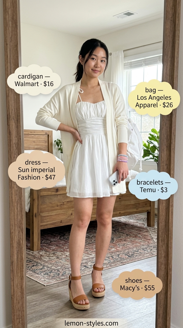 Playful all white summer outfits for women 2026: White sundress with tie-shoulder straps and platform espadrilles.