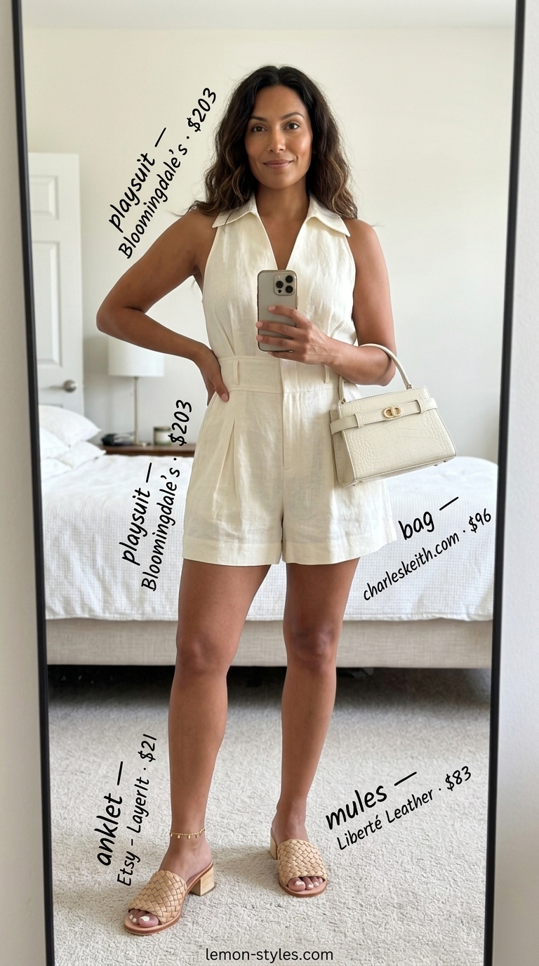 Polished all white summer outfits for women 2026: Creamy white linen romper with block heel mules for garden parties.