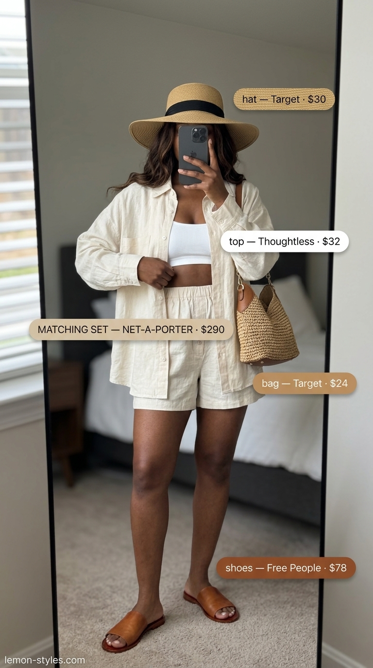 Chic all white summer outfits for women 2026: Off-white linen set with straw accessories for resort wear.