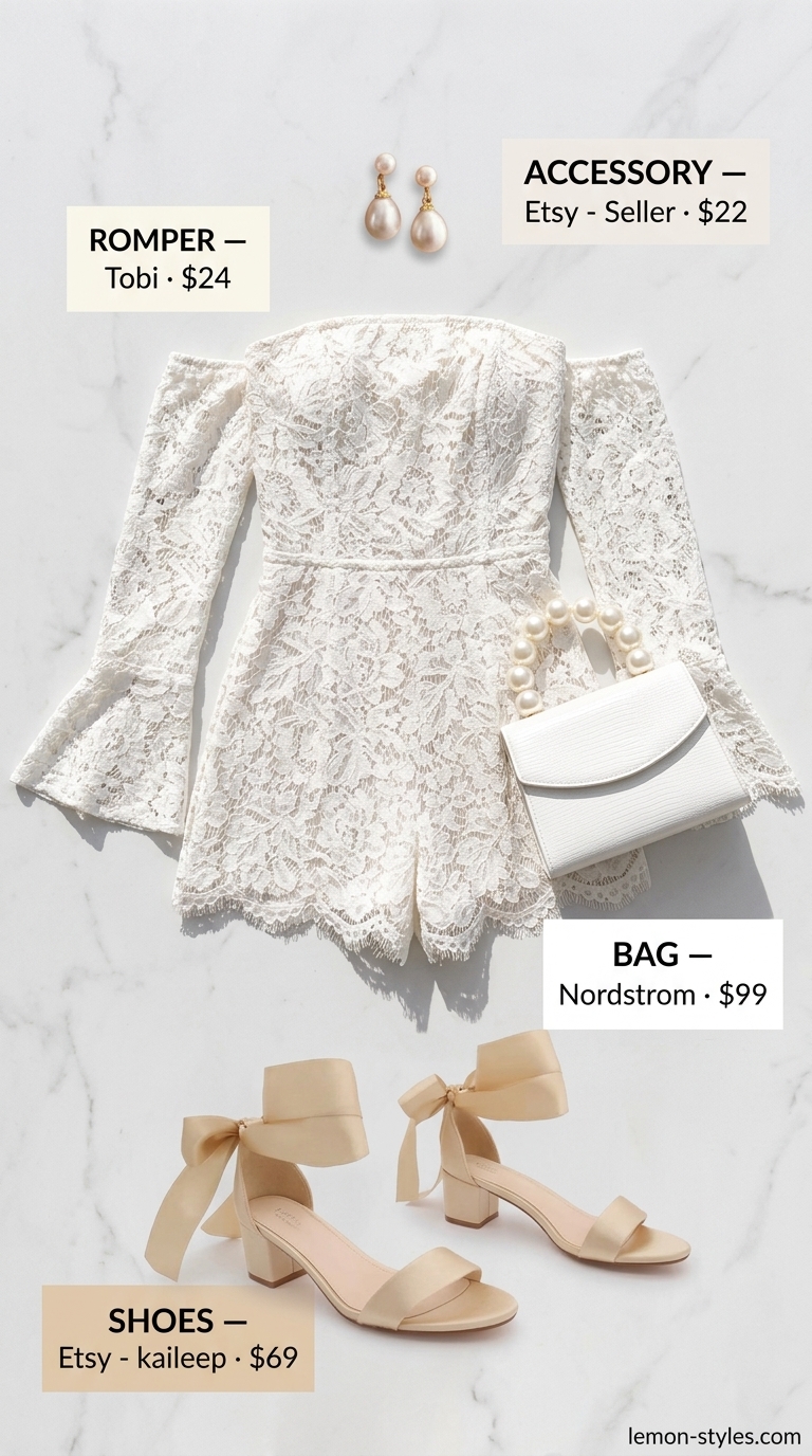 Romantic all white summer outfits for women 2026: Off-white lace romper with pearl accessories for date night.