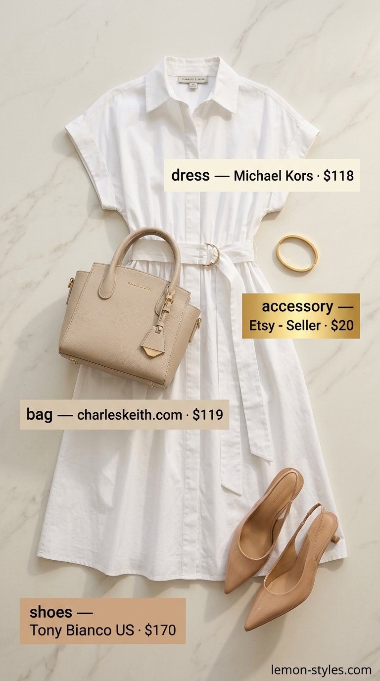 Polished Riviera outfit: white shirt dress, nude mules, structured bag, gold bangle. All white summer outfits for women 2026.