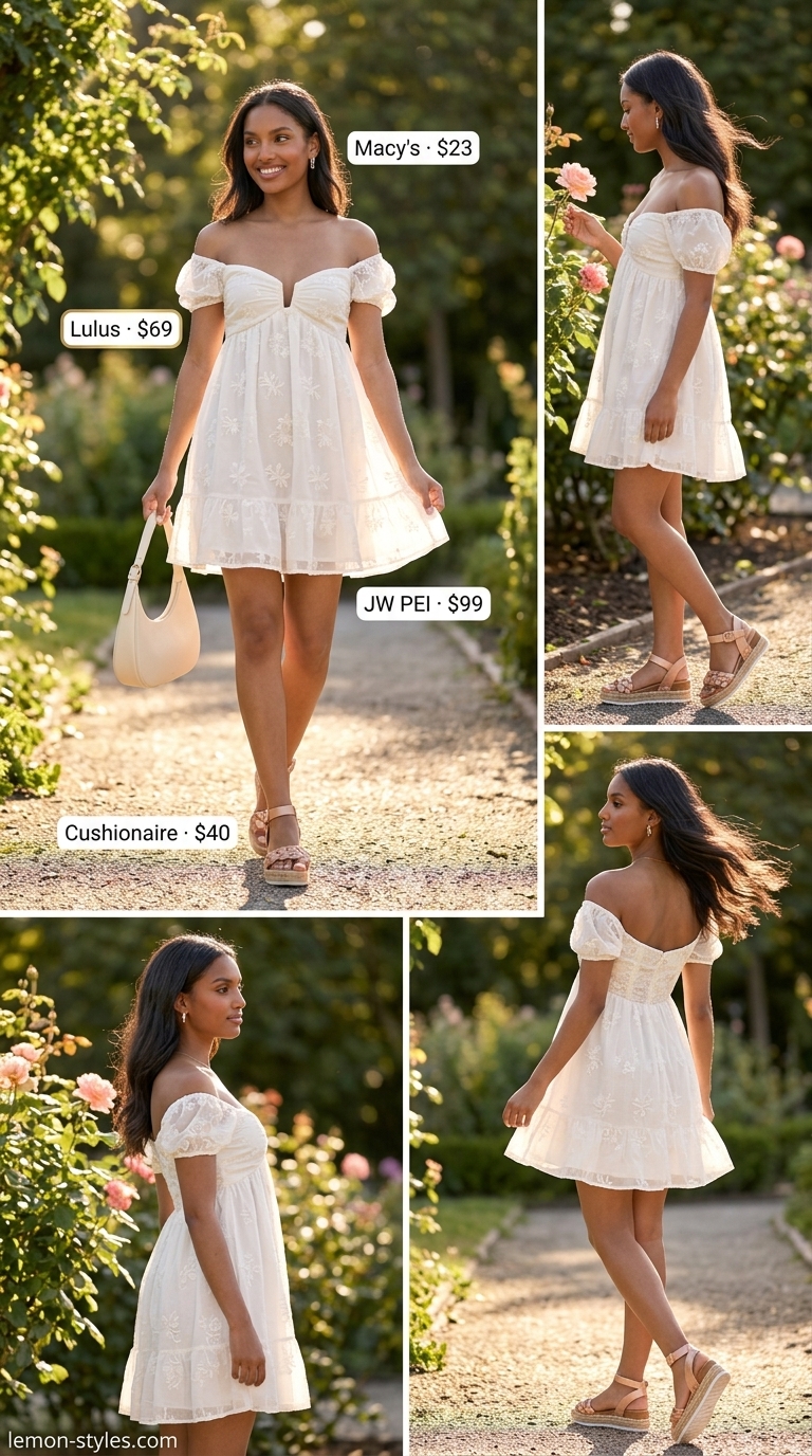 Sweet summer dress: white embroidered mini sundress, rose gold espadrilles, mini top-handle bag. All white summer outfits for women 2026.