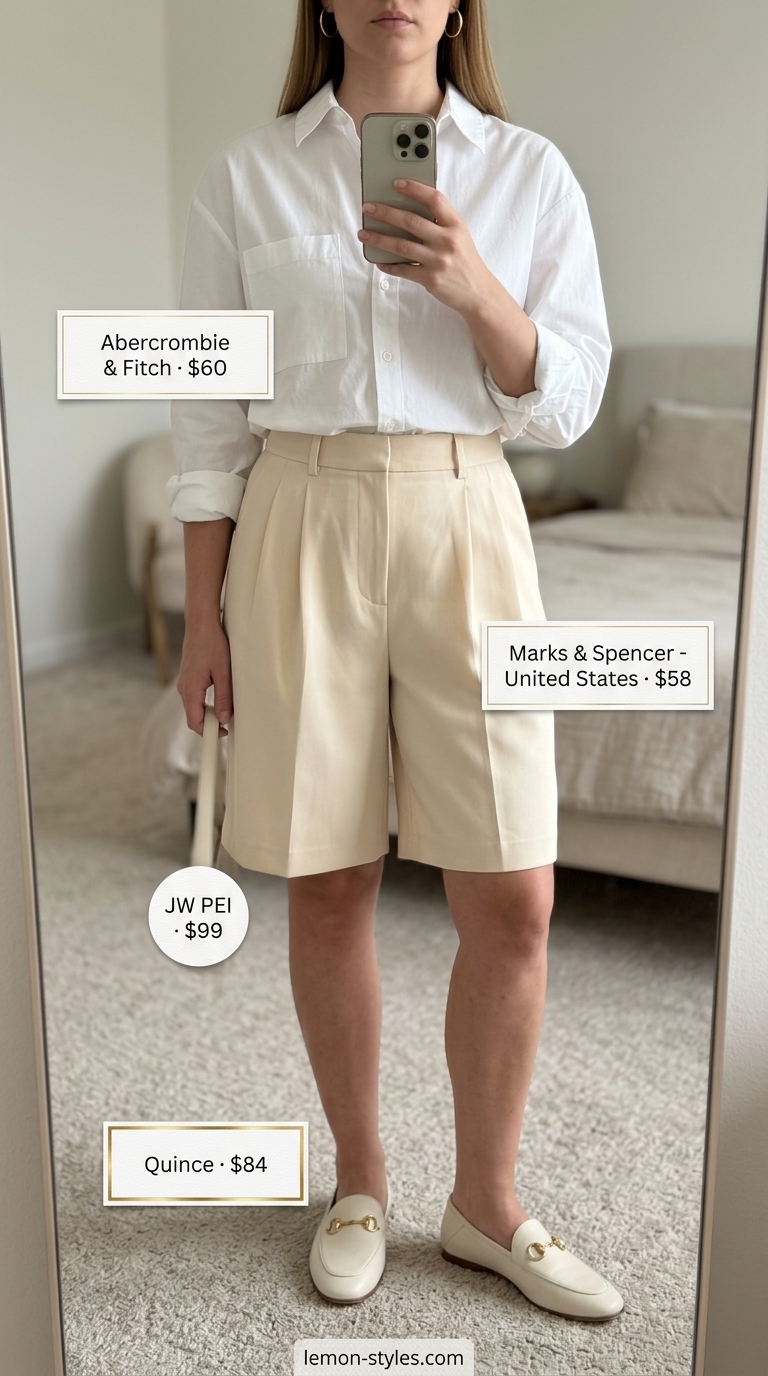 All white summer outfits for women 2026: Crisp white Bermuda shorts, oversized button-down, loafers, and satchel bag.