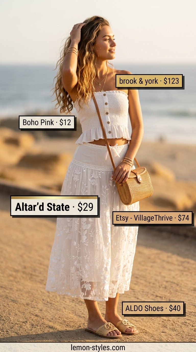 All white summer outfits for women 2026: Ecru midi skirt, smocked tube top, raffia bag, gold bangles for brunch.