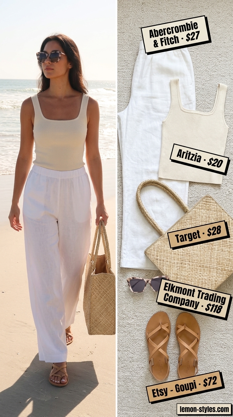All white summer outfits for women 2026: Ivory wide-leg pants, cream knit top, straw tote, and oversized sunglasses.