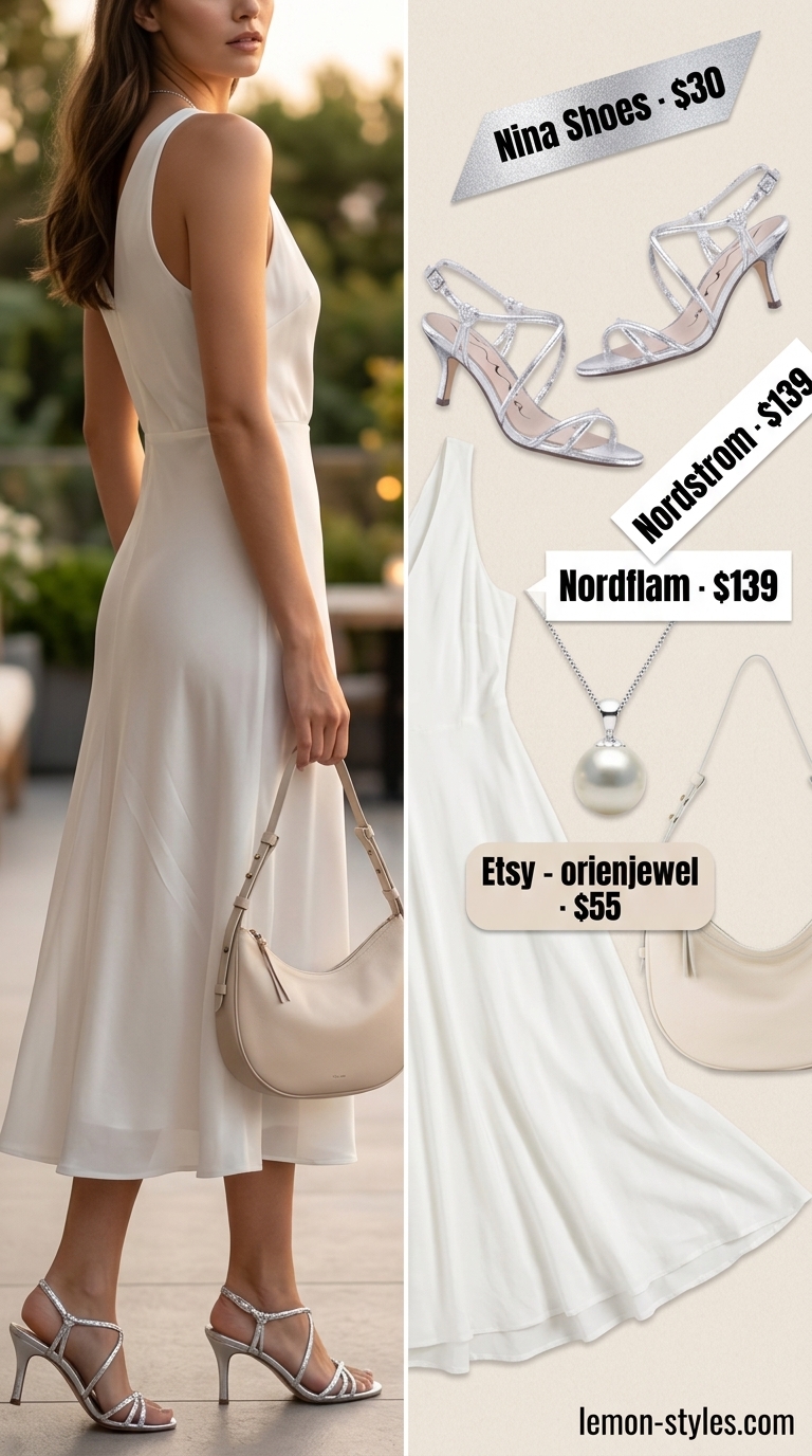 All white summer outfits for women 2026: Optic white midi dress, silver heeled sandals, pearl necklace, and mini shoulder bag.