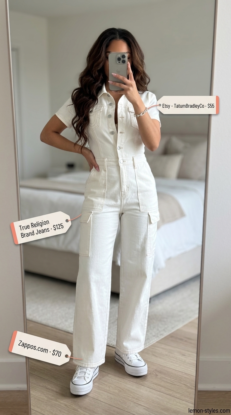 All white summer outfits for women 2026: White utility jumpsuit, platform sneakers, belt bag, and silver chain bracelet.