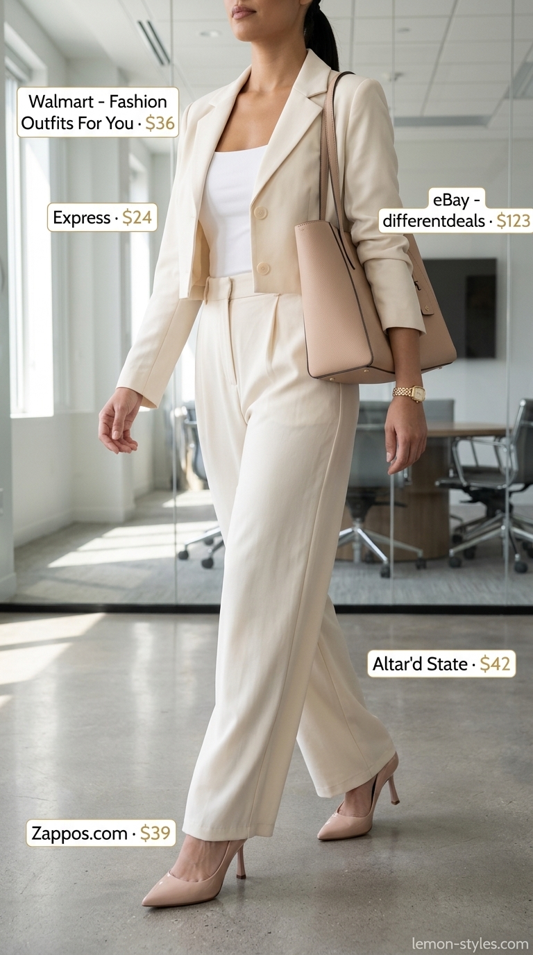 All white summer outfits for women 2026: White matching set, nude pumps, beige tote, and gold watch for business lunch.