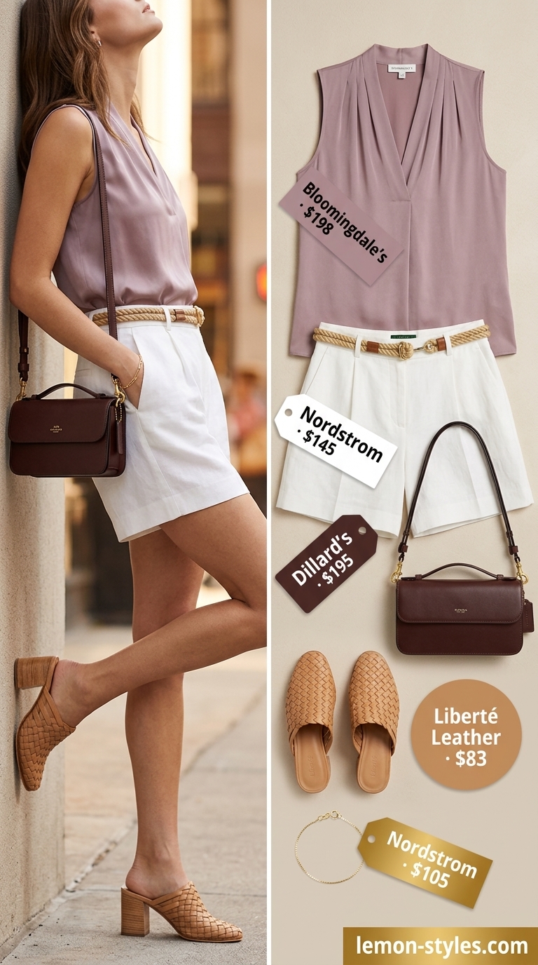 All white summer outfits for women 2026: Crisp white tailored shorts, silk blouse, tan mules, and mini top-handle bag.