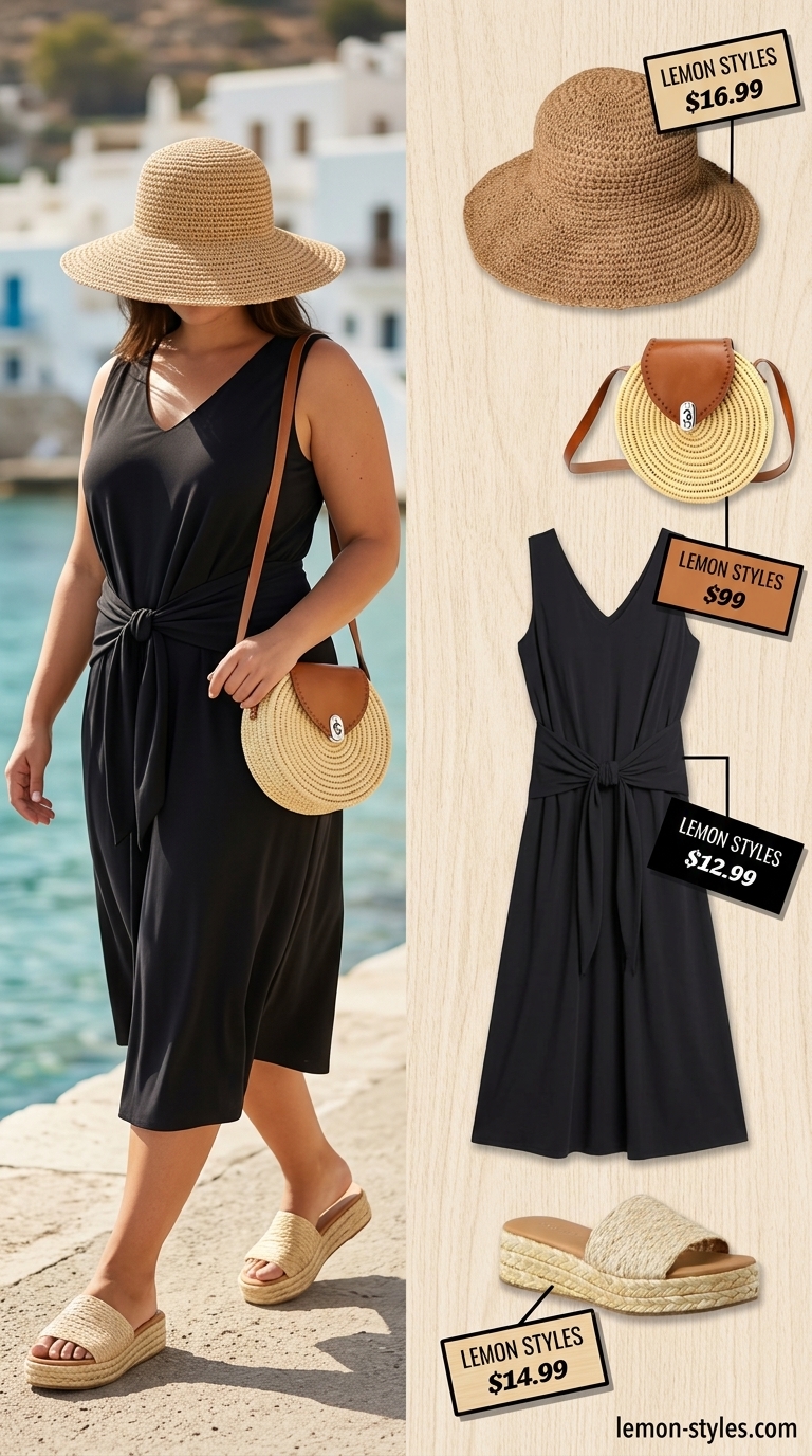 Alternative curvy wrap dress outfit summer 2026: Navy jumpsuit with espadrille slides and straw bag.