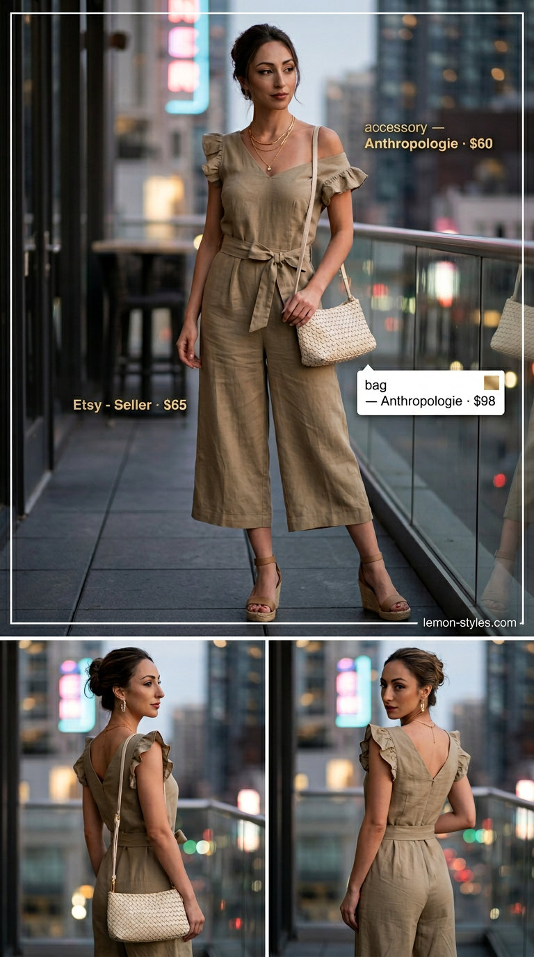 Alternative glam summer night out outfits for women 2026: Khaki linen jumpsuit, espadrilles, and gold necklaces.