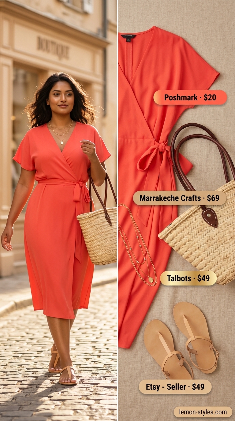 Coral satin wrap dress for women 2026, ideal for summer evenings and date nights.
