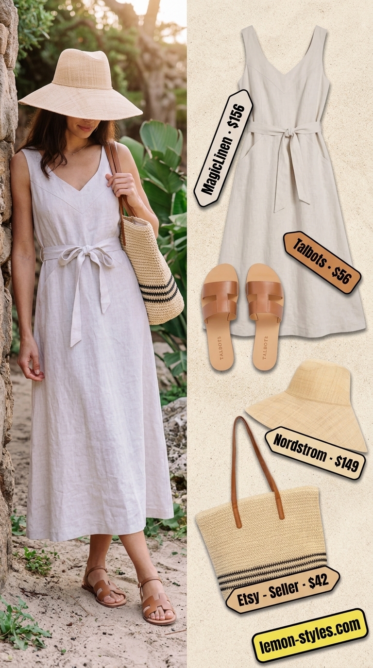 Natural linen midi dress for women 2026. Relaxed beach vacation style.