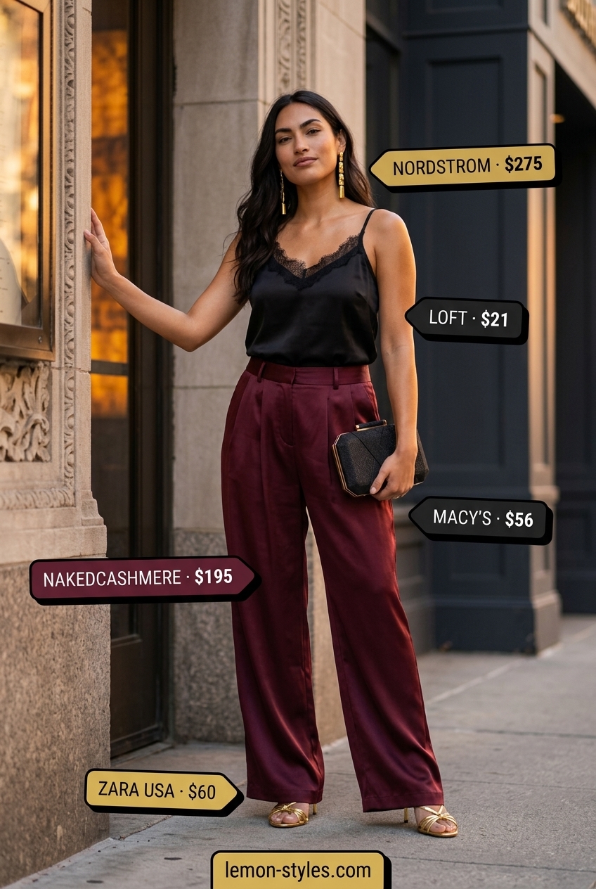 Elegant Low-Waist Trousers 2026 Elegant burgundy high-waist silk trousers for women 2026, styled for formal events. These are high-waist, not low-waist.