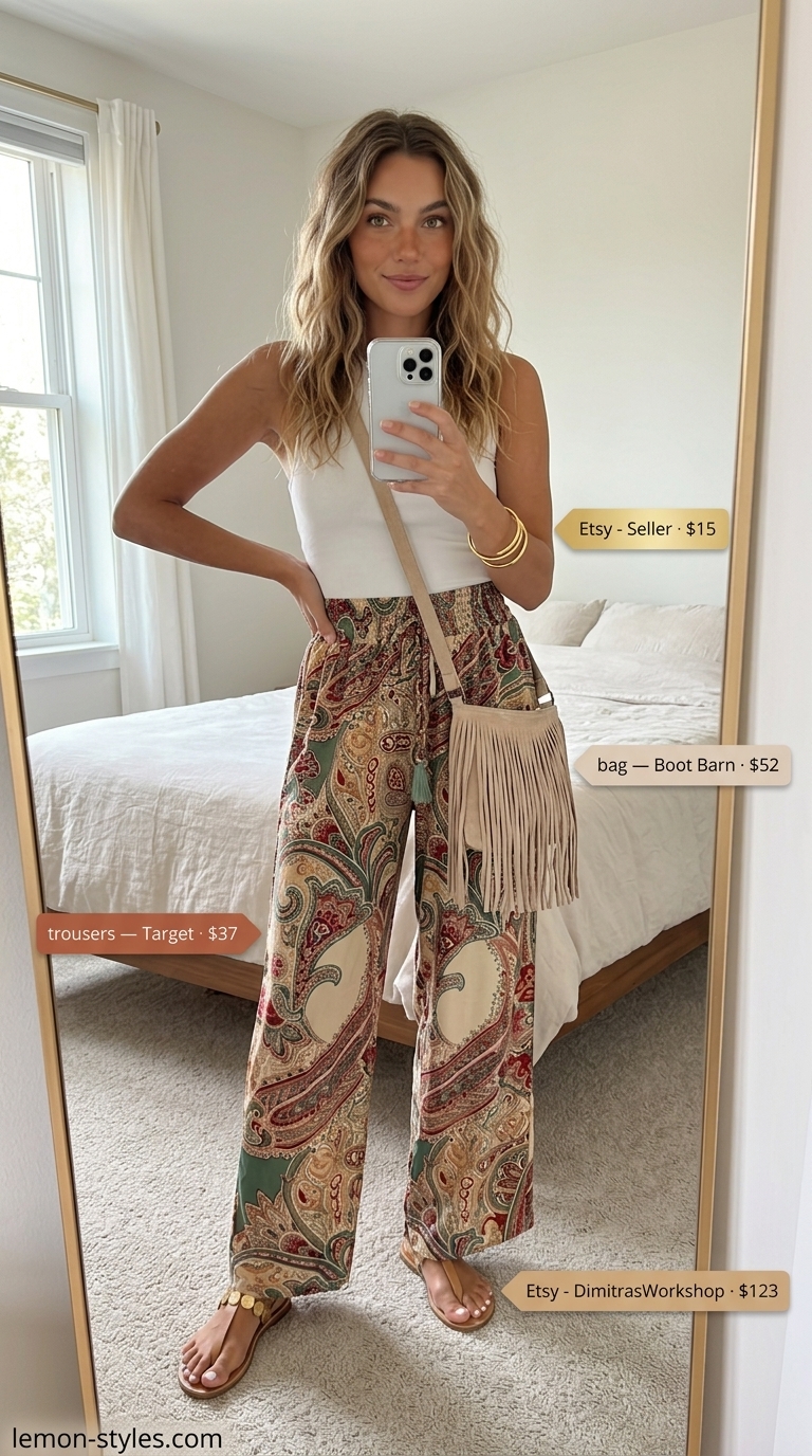 Boho Low-Waist Trousers 2026 Boho terracotta paisley high-waisted palazzo trousers for women 2026, styled for festivals. These are high-waisted, not low-waist.