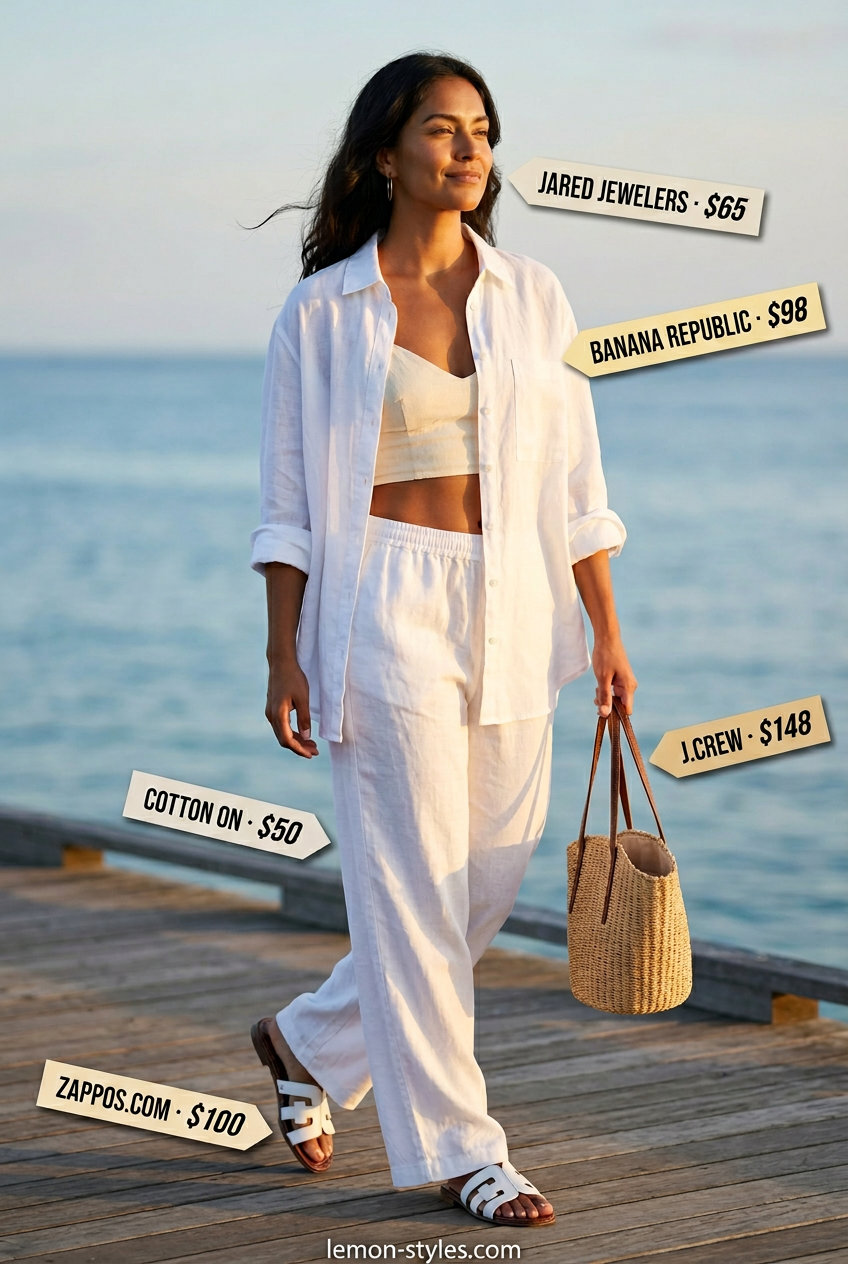 Alternative Beach Outfit 2026 Alternative outfit: coral linen wide leg pants with white oversized shirt for beach vacation.