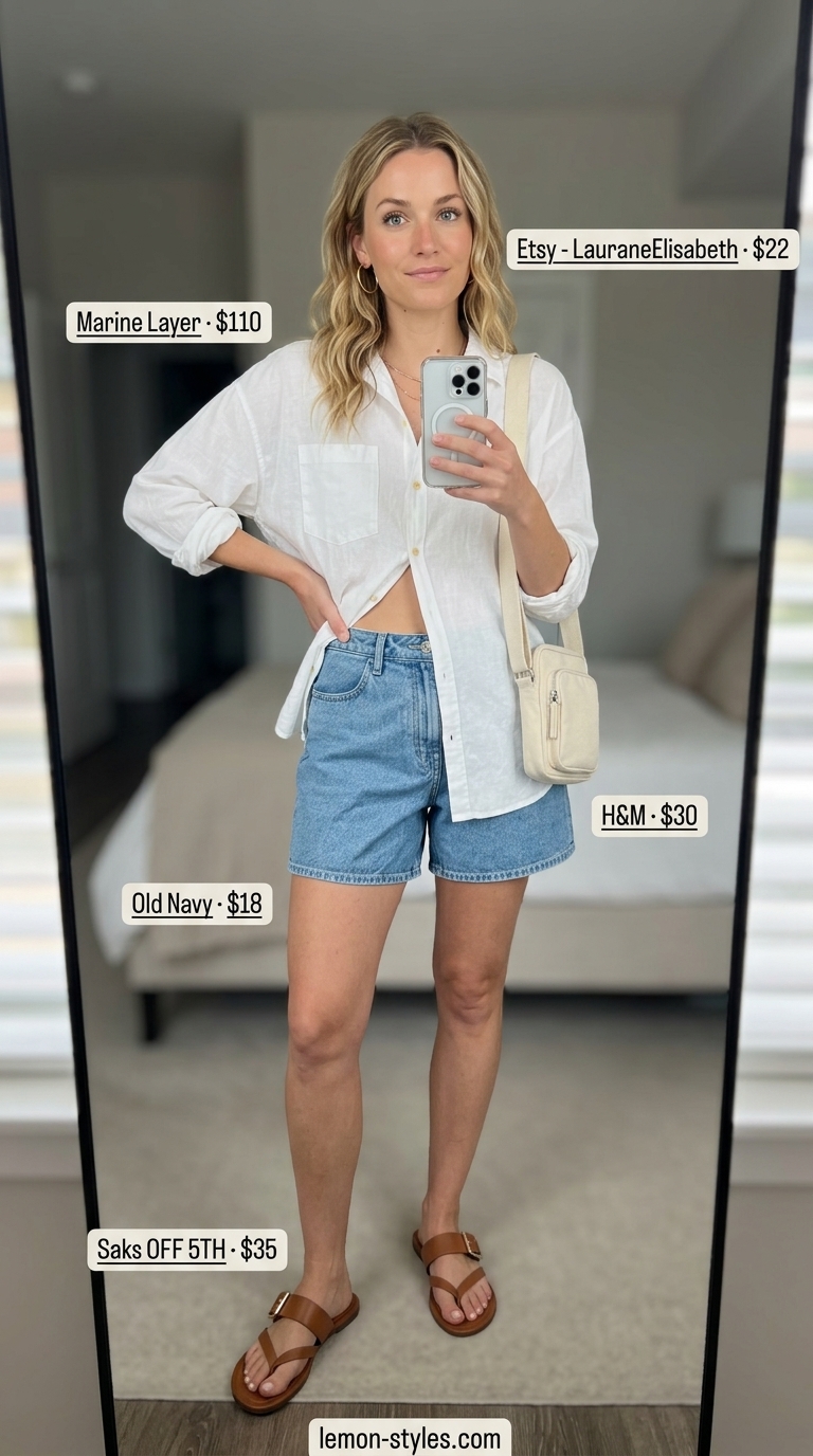 White summer linen pants for women 2026 alternative: Oversized linen shirt with denim shorts for a casual coastal look.
