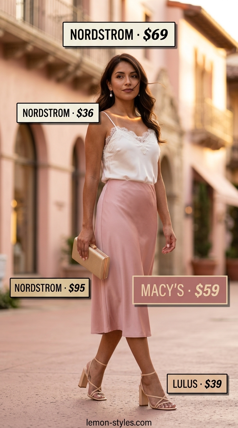 White summer linen pants for women 2026 alternative: Blush pink satin midi skirt with ivory camisole for a romantic date night.