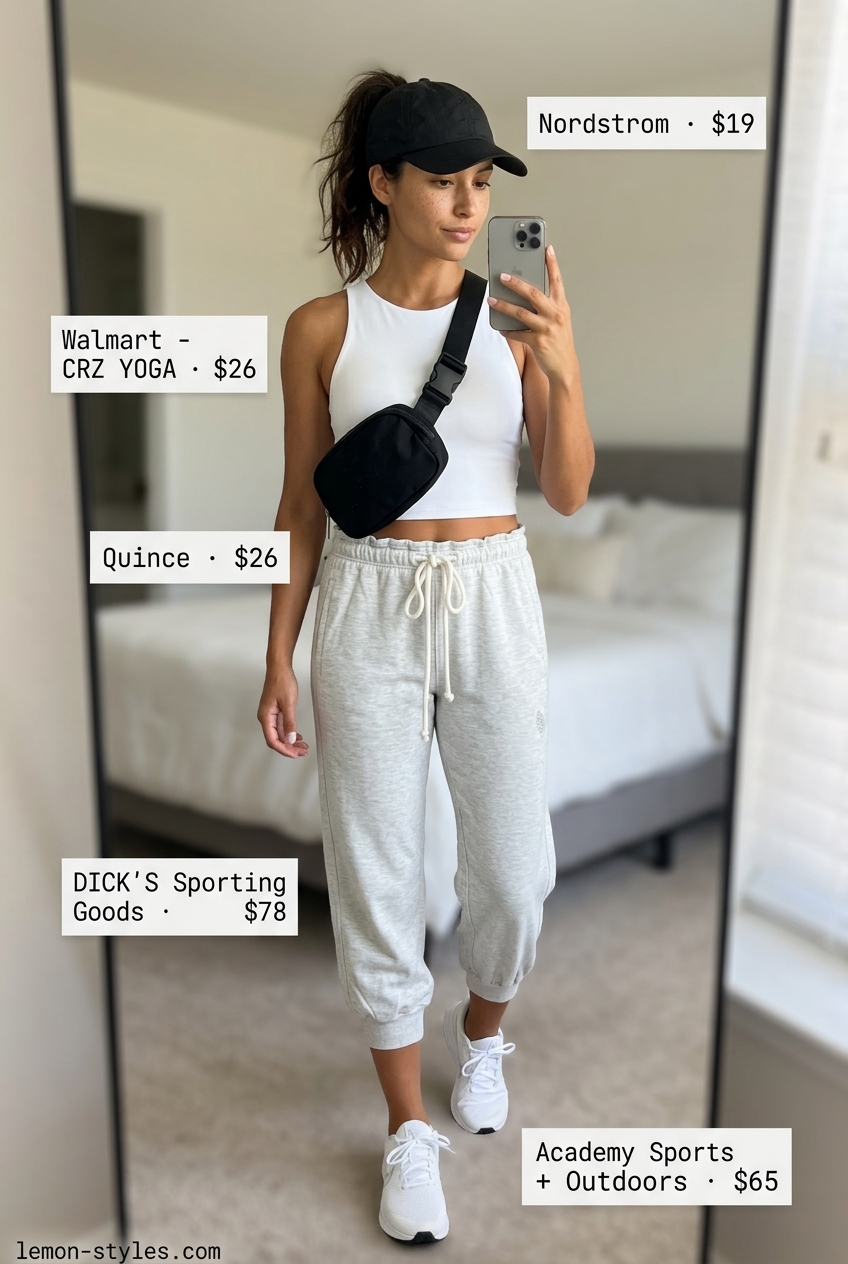 Grey cropped jogger pants with a white crop top and black belt bag for athleisure style.