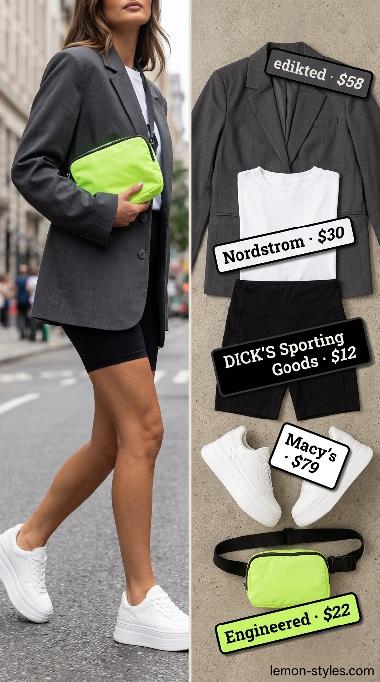 Biker shorts outfits summer 2026: Black biker shorts, graphic tee, oversized blazer for athletic aesthetic.