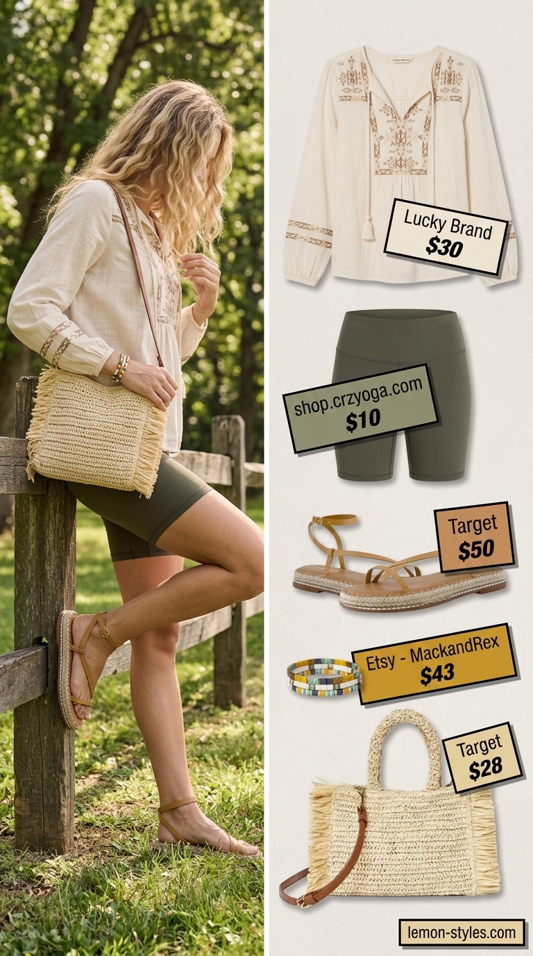 Biker shorts outfits summer 2026: Olive biker shorts, cream peasant blouse, espadrilles for boho festival vibes.