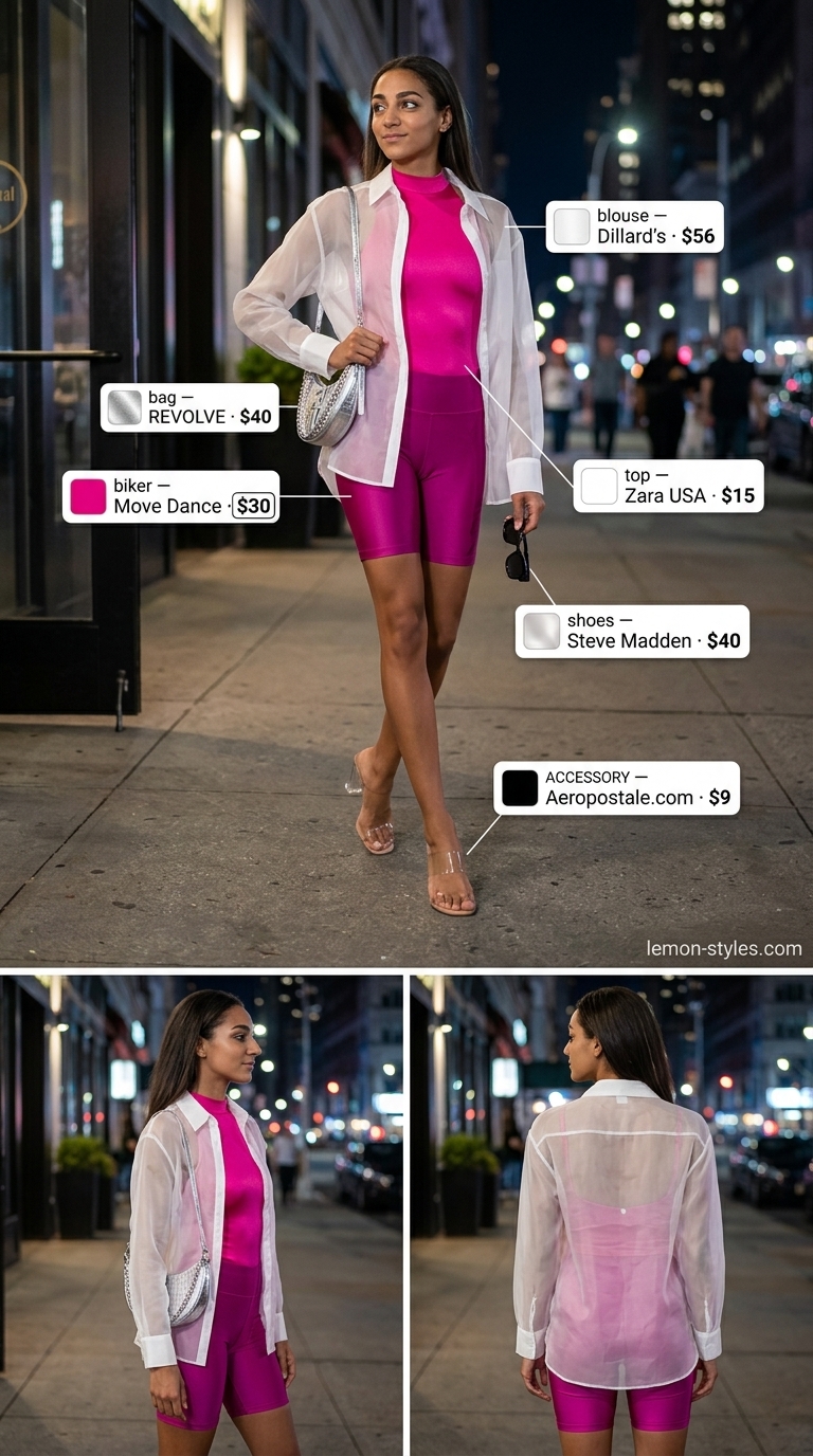 Bold biker shorts outfits summer 2026: Hot pink shorts, white crop top & sheer shirt for a night out.