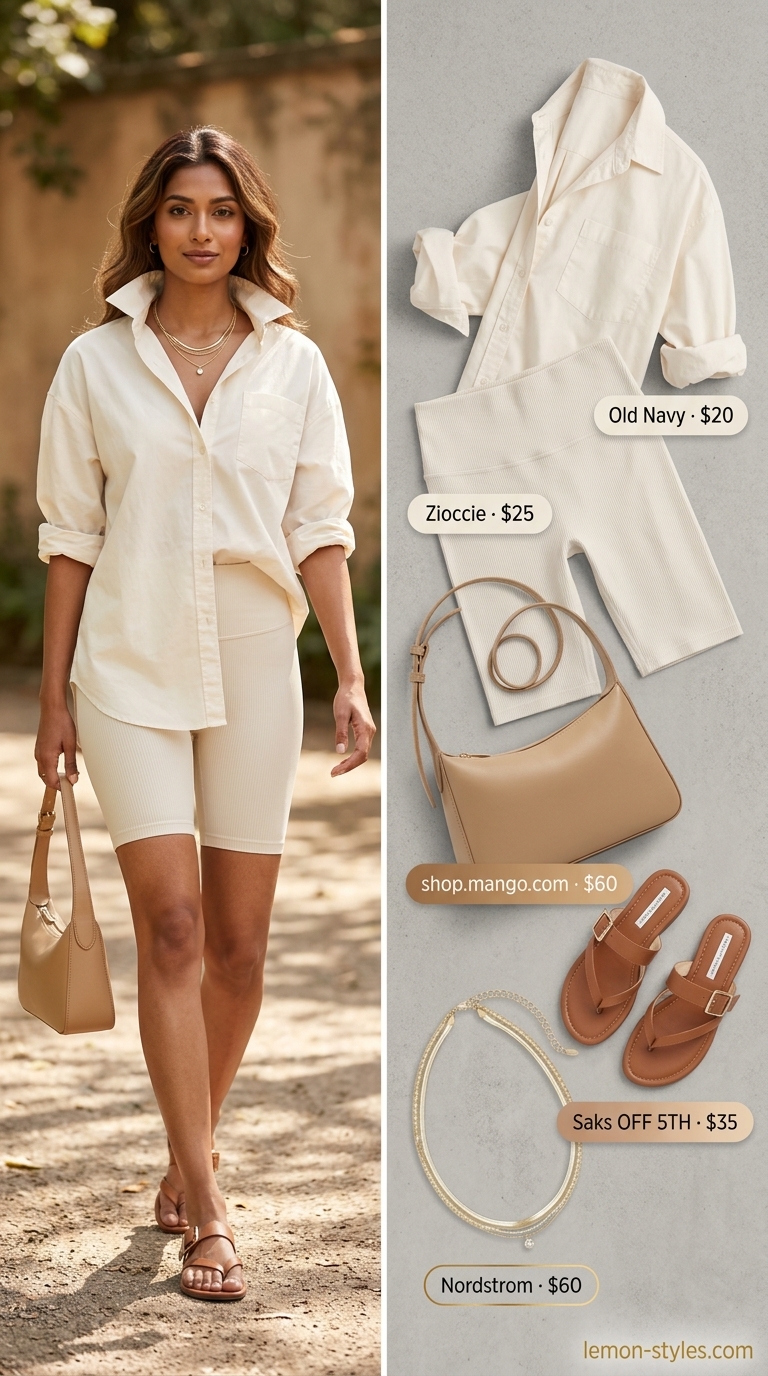 Chic biker shorts outfits summer 2026: Cream shorts, white button-down & tan bag for weekend brunch.