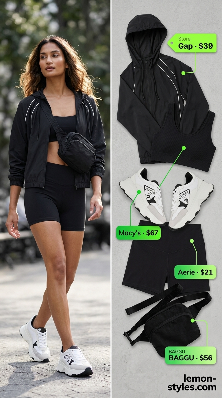 Sporty biker shorts outfits summer 2026: Performance shorts, graphic tee & windbreaker for city exploring.