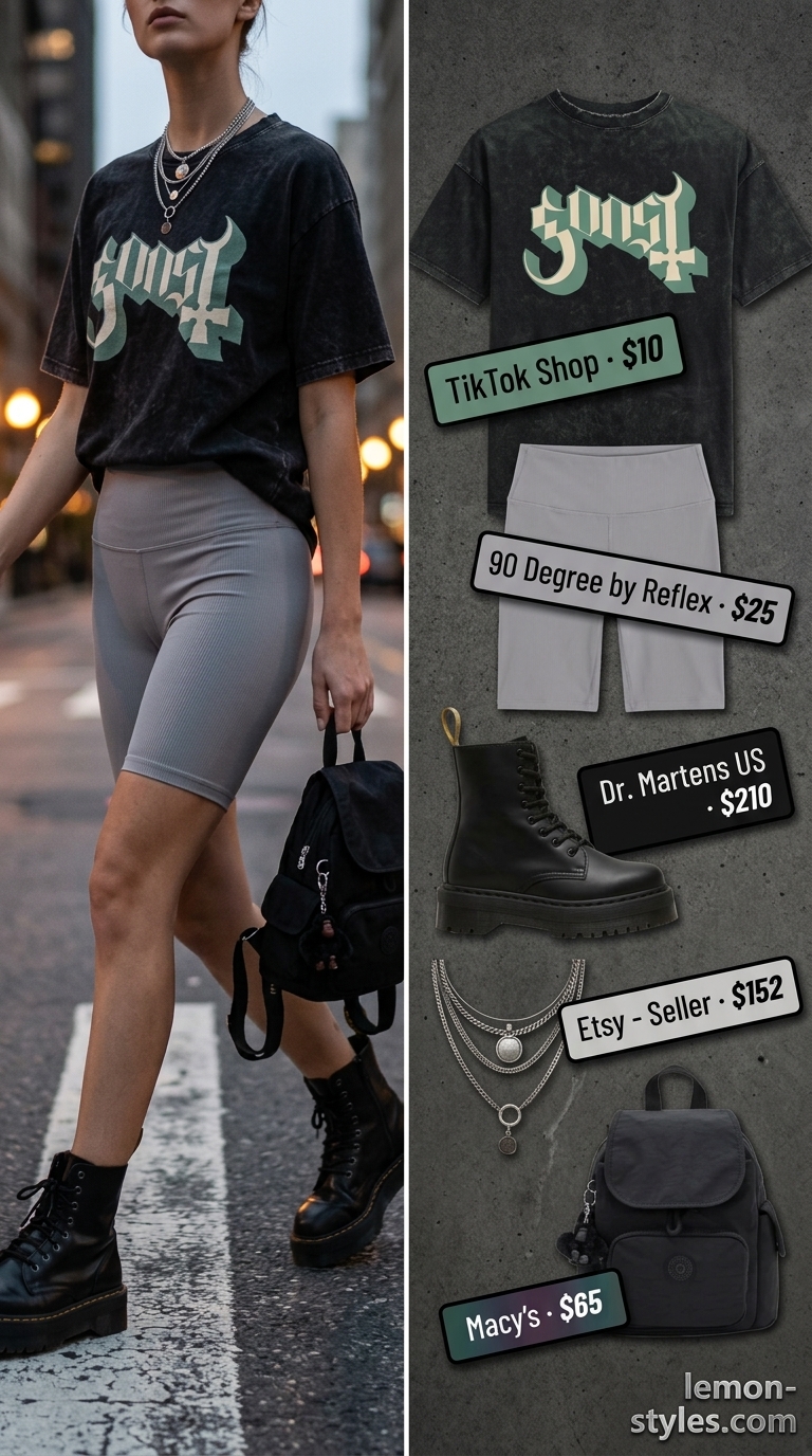 Biker shorts outfits summer 2026: Grey biker shorts, band tee, combat boots for city edge.