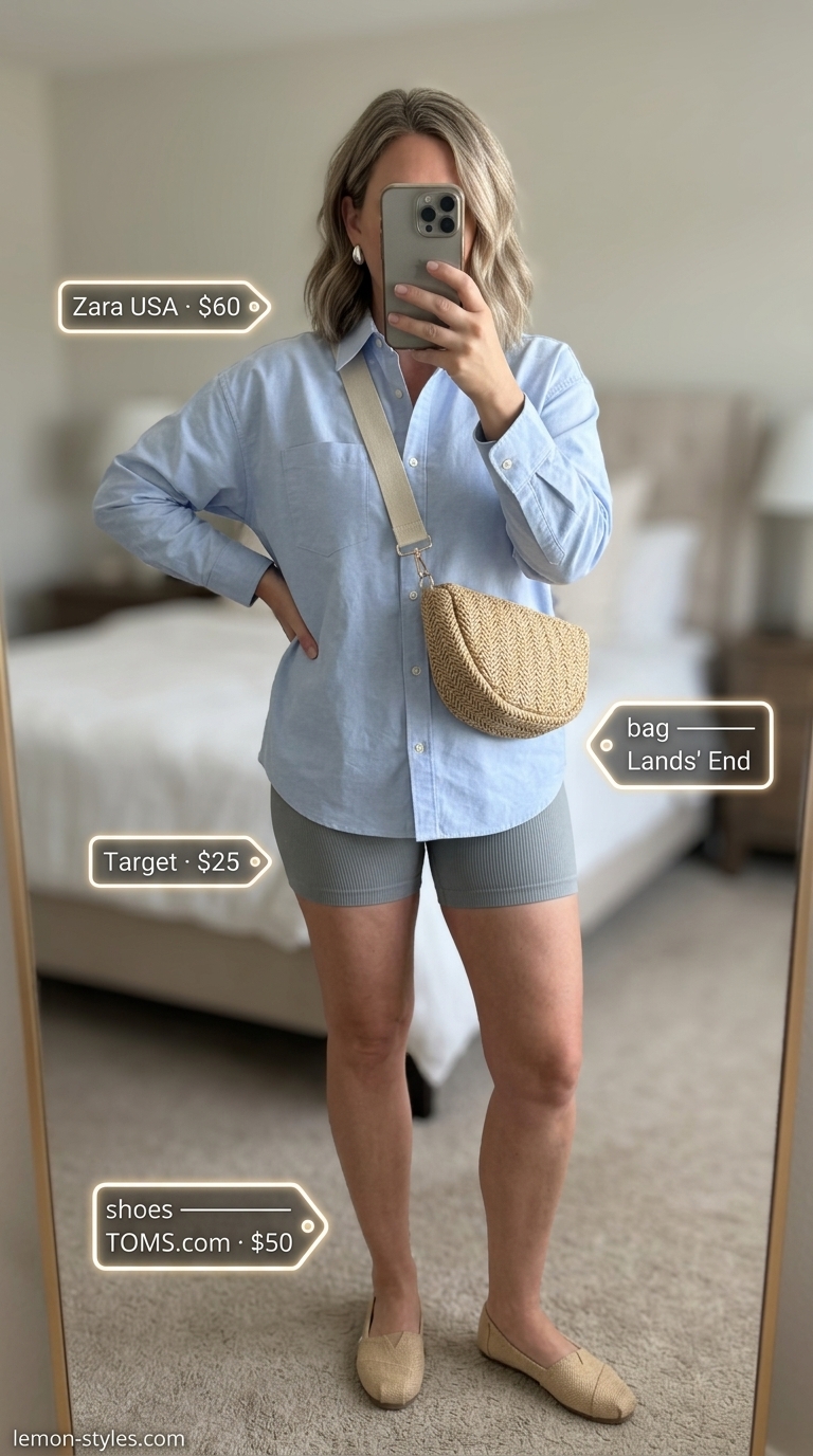 Coastal Morning Coffee outfit: Seamless biker shorts, oversized shirt, straw crossbody, espadrilles, and stud earrings.
