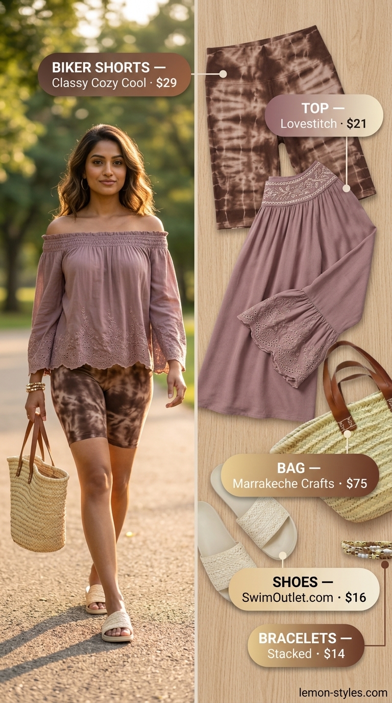Boho biker shorts outfits summer 2026: Tie-dye shorts, peasant blouse & straw tote for markets.