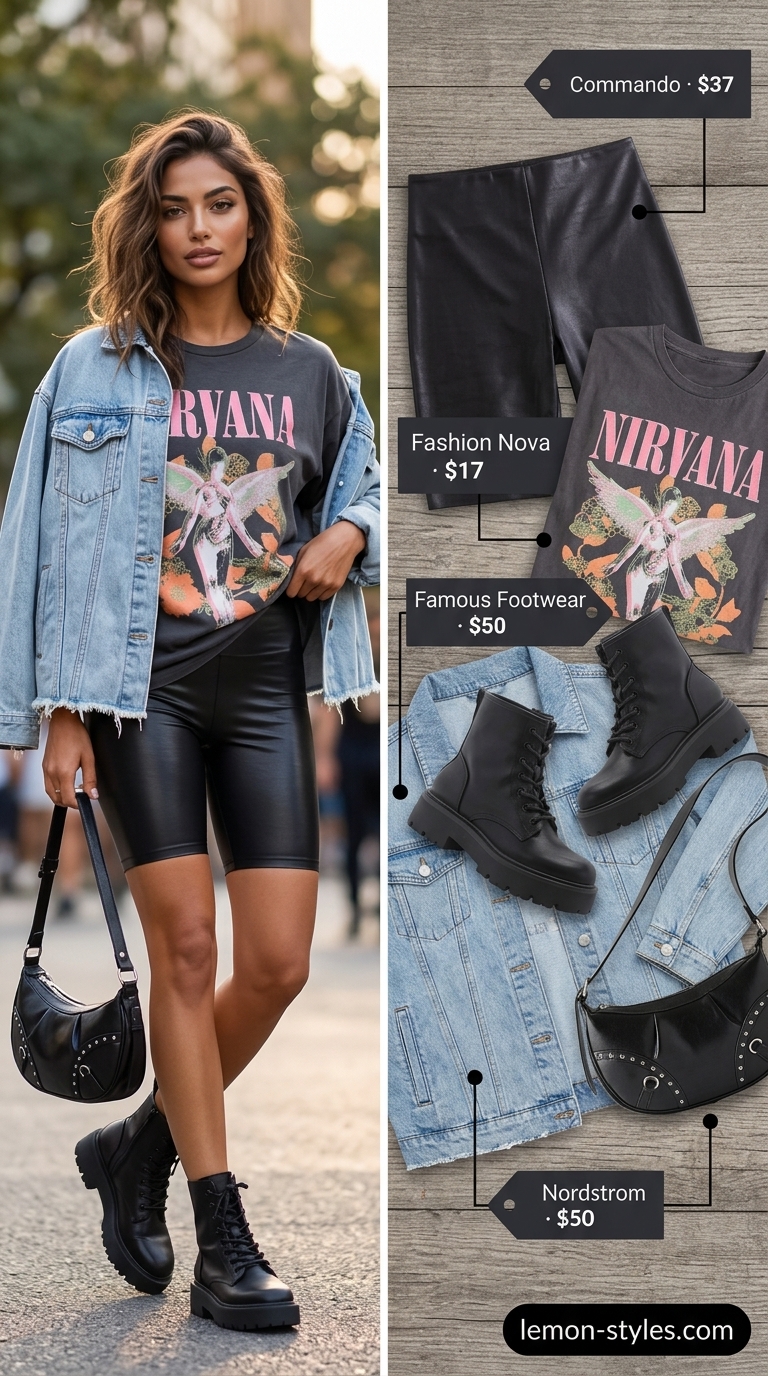 Edgy biker shorts outfits summer 2026: Faux leather shorts, band tee & denim jacket for festivals.