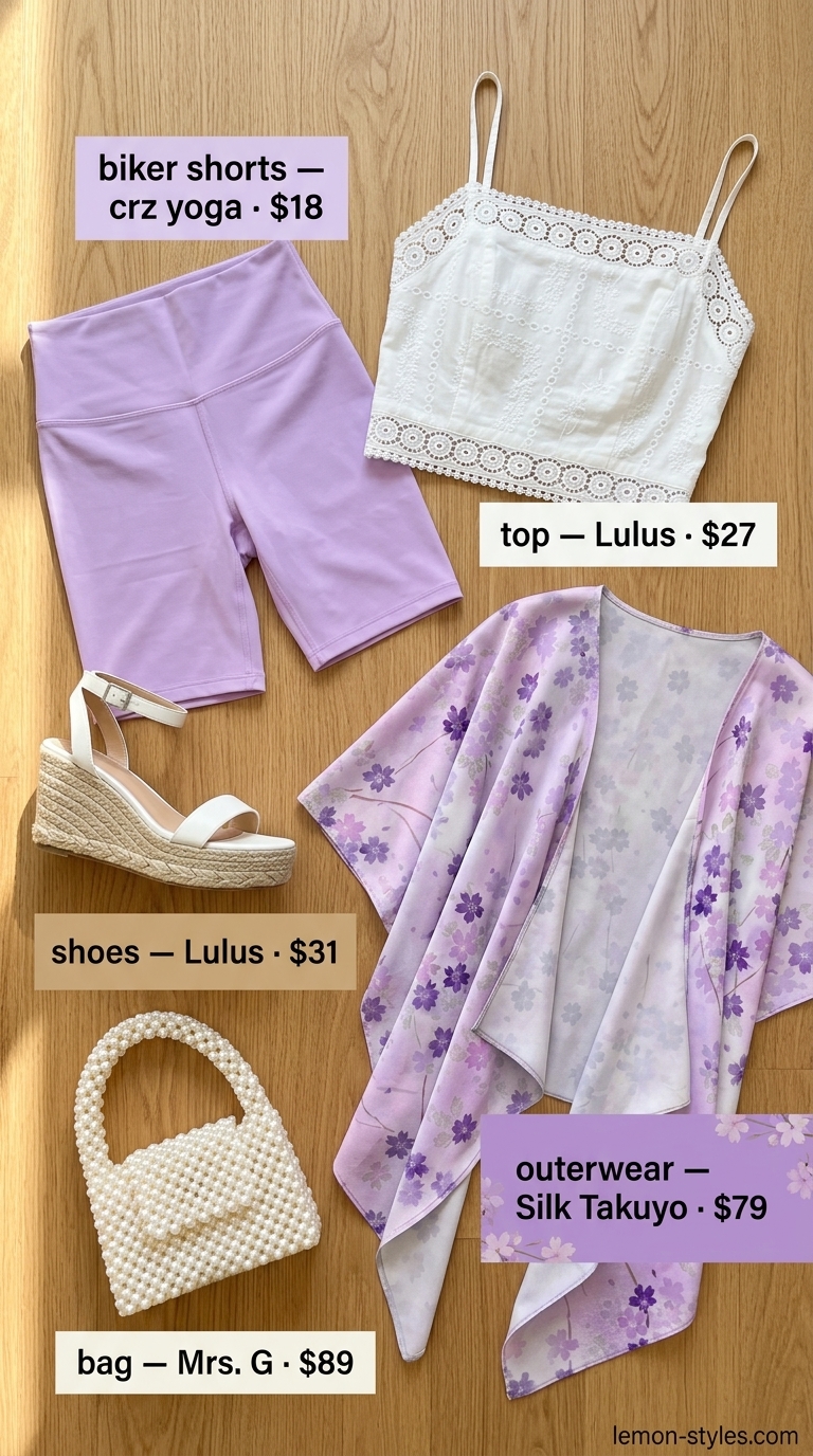 Romantic biker shorts outfits summer 2026: Lavender shorts, eyelet cami & floral kimono for garden parties.