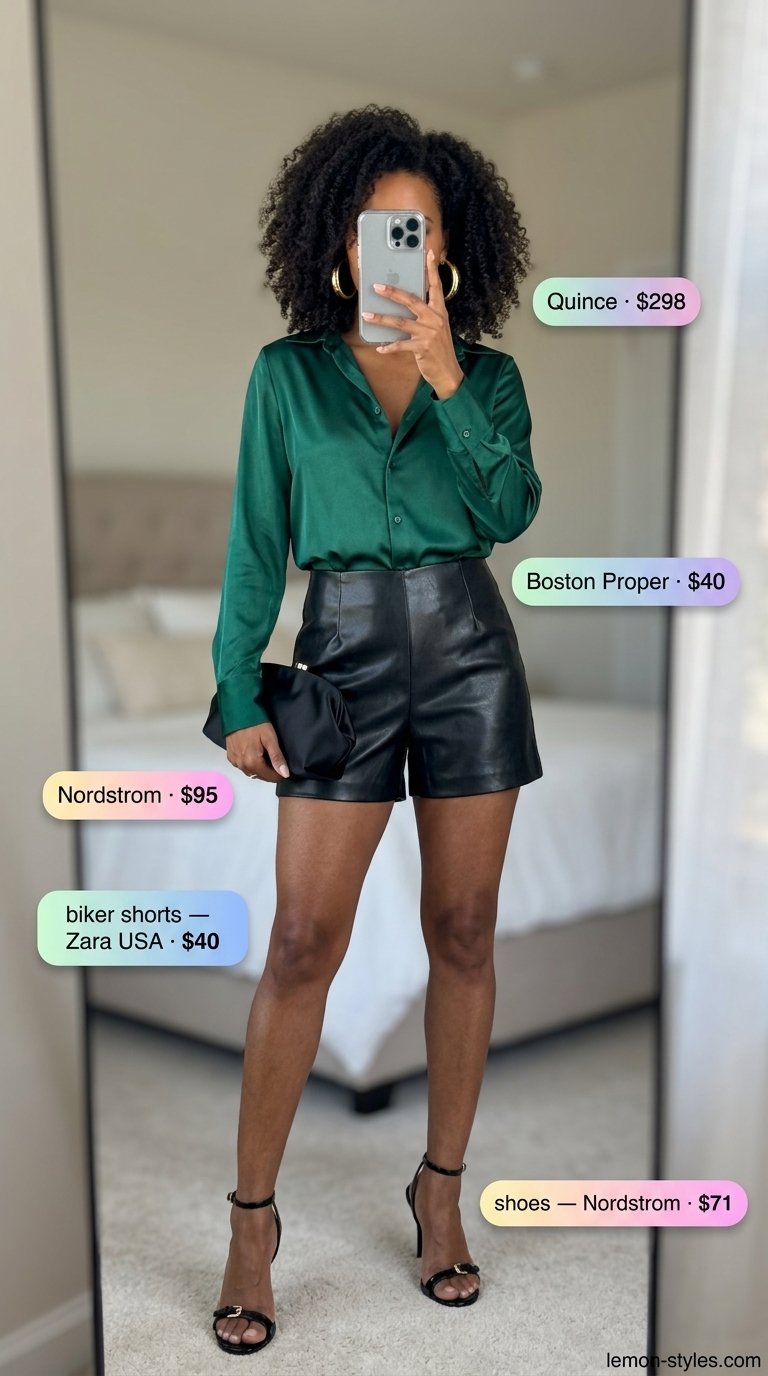 Glamorous Poolside Cabana outfit: Faux leather biker shorts, silk blouse, heeled sandals, clutch, and statement earrings.