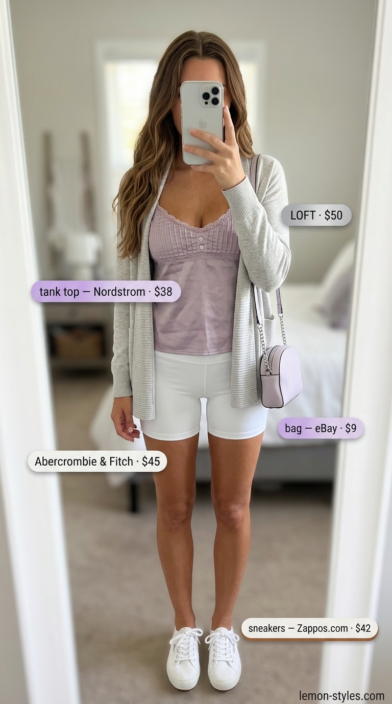 Lavender Haze Picnic outfit: High-waist biker shorts, lace cami, knit cardigan, crossbody bag, and sneakers.
