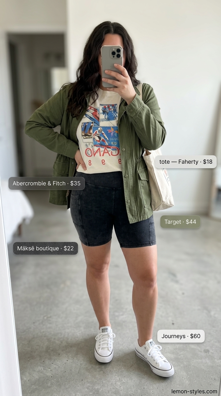 Weekend Market Explorer outfit: Distressed denim biker shorts, graphic tee, utility jacket, tote bag, and sneakers.