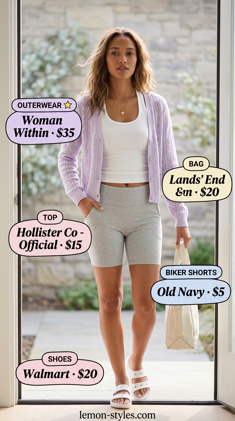 Biker shorts outfits summer 2026: Grey biker shorts, white tank, lavender cardigan, slides for a comfy travel day.