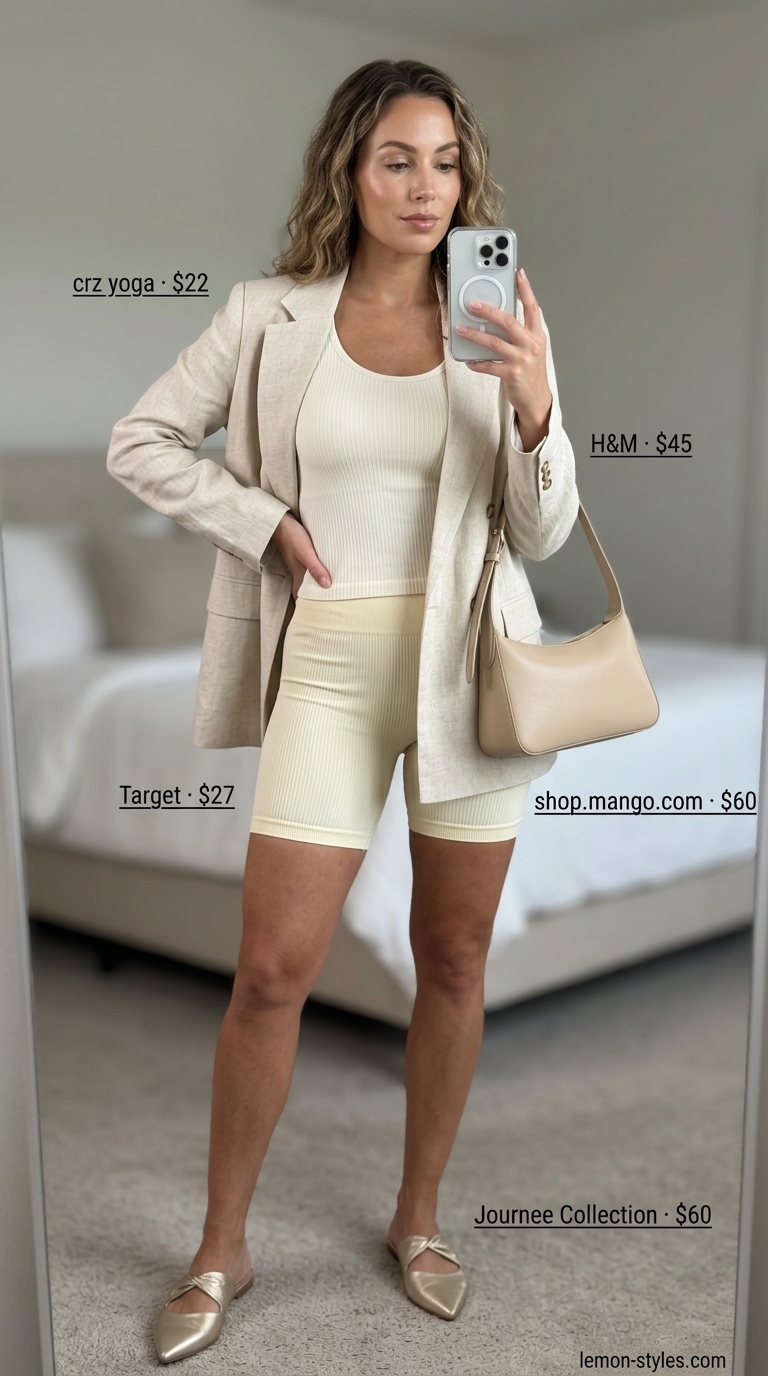 Monochrome Museum Visit outfit: Ribbed knit biker shorts, seamless tank, oversized blazer, top-handle bag, and mules.