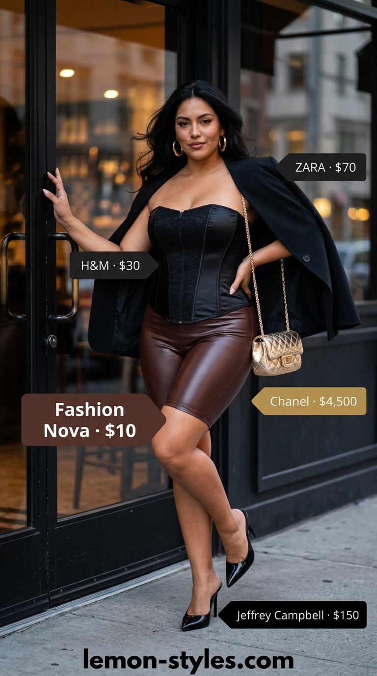 Biker shorts outfits summer 2026: Brown leather biker shorts, black blazer, corset top for a night out.