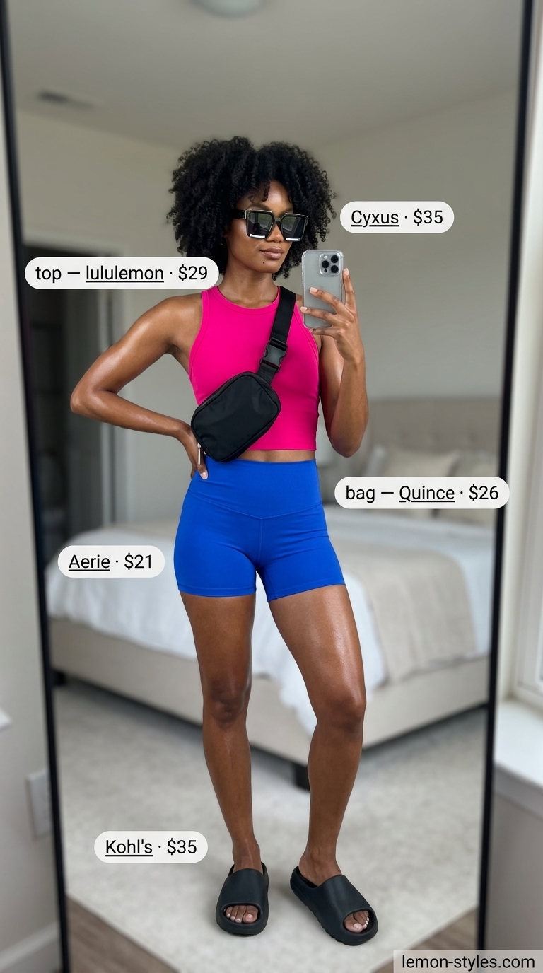 Poolside Pop Art outfit: Cobalt blue biker shorts, fuchsia tank, black belt bag, slides, and oversized sunglasses.