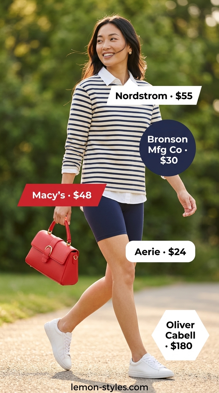 Biker shorts outfits summer 2026: Navy biker shorts, stripe tee, sneakers for preppy summer day.