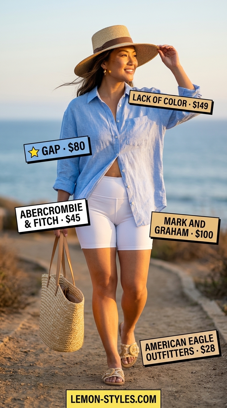 Biker shorts outfits summer 2026: White biker shorts, linen shirt, straw hat for resort ready style.