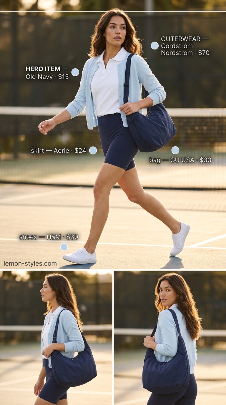 Preppy biker shorts outfits summer 2026: Navy polo, cardigan & shorts for a tennis match or park stroll.