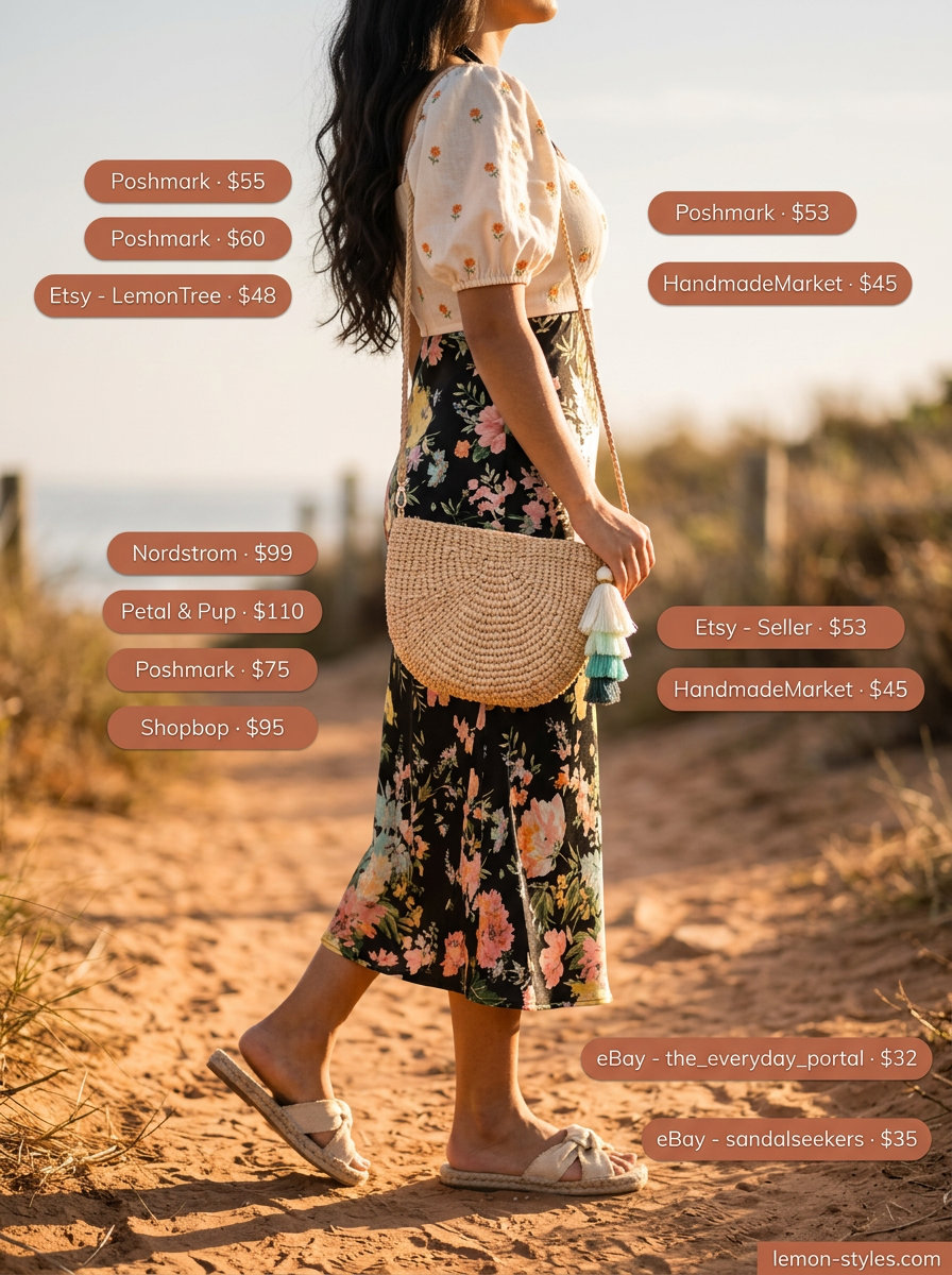 Boho Floral Summer Outfits 2026: Linen Set Boho floral summer outfits for women 2026: Terracotta floral linen set, espadrille slides, and woven crossbody bag.