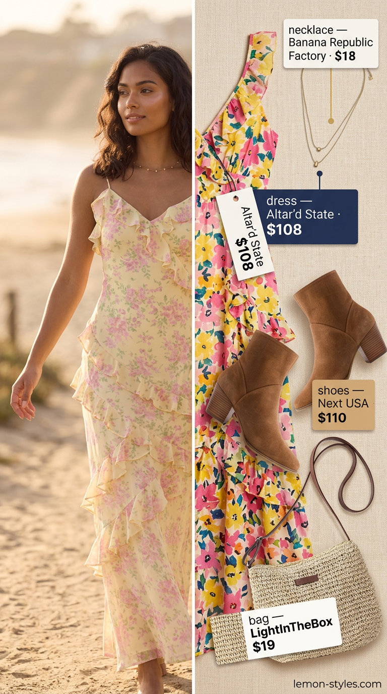 Boho Floral Summer Outfits 2026: Maxi Dress Style Boho floral summer outfits for women 2026: Flowy floral maxi dress, suede ankle boots, and straw crossbody bag.