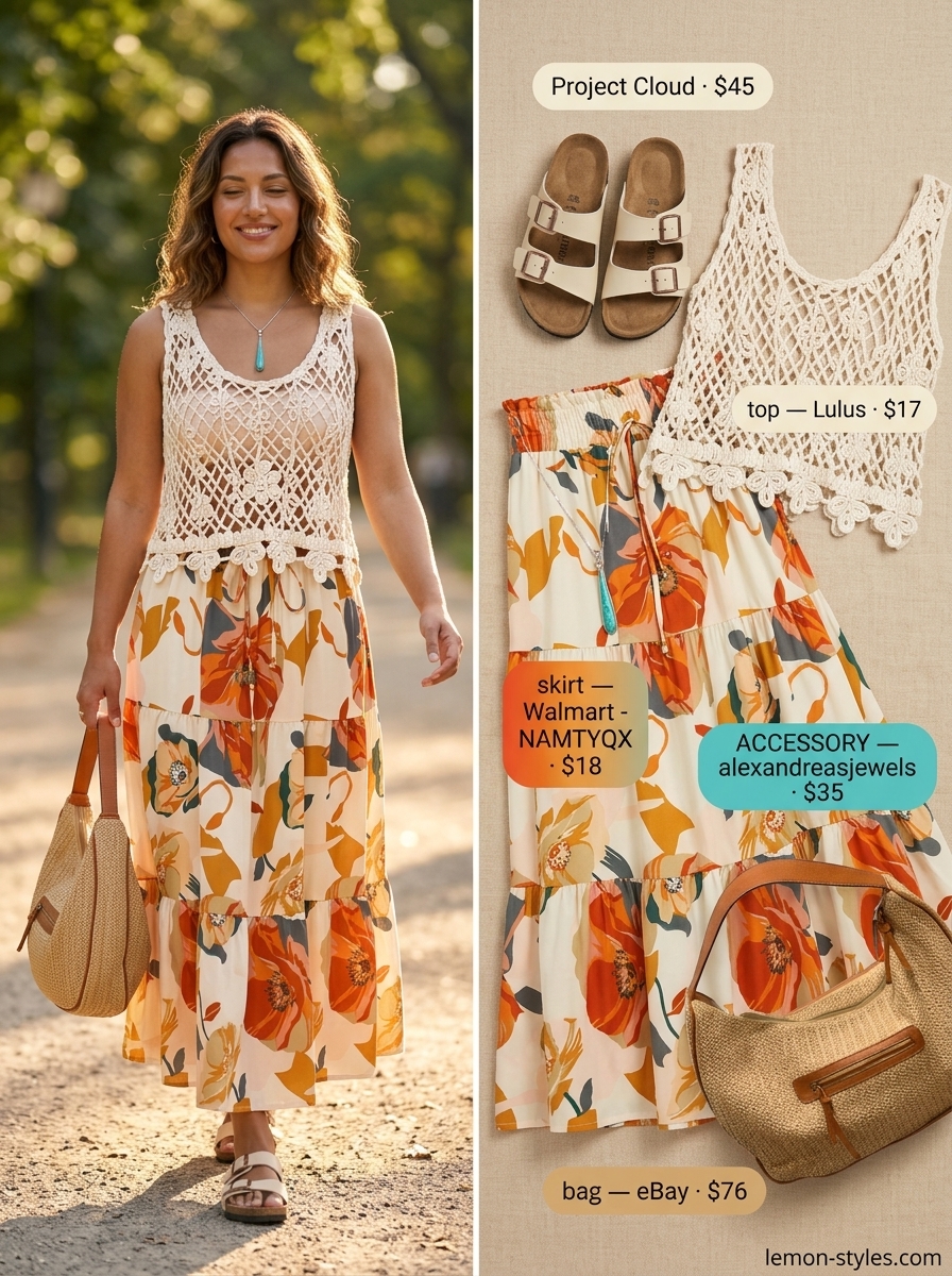 Boho Floral Summer Outfits 2026: Maxi Skirt Look Boho floral summer outfits for women 2026: Multicolor floral maxi skirt, cream crochet top, leather slides, and raffia tote.