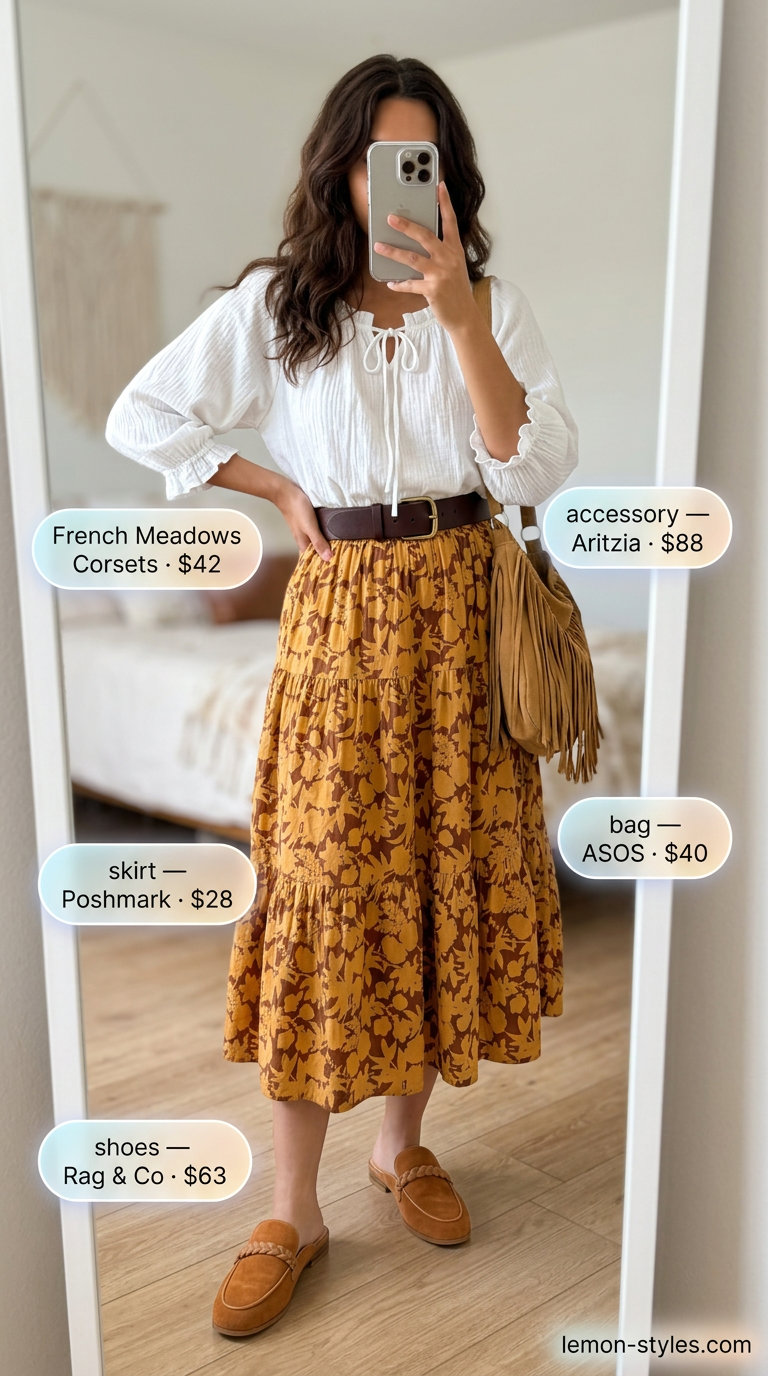 Boho Floral Summer Outfits 2026: Midi Skirt Style Boho floral summer outfits for women 2026: Earthy floral midi skirt, white peasant blouse, suede bag, and mules.