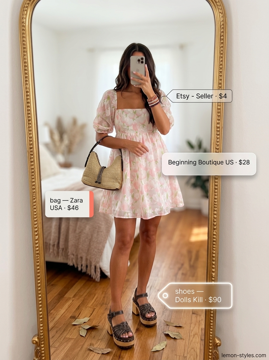 Boho Floral Summer Outfits 2026: Mini Dress Boho floral summer outfits for women 2026: Bright floral babydoll mini dress, platform sandals, and bucket bag.